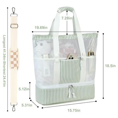 Bluboon Mesh Beach Tote Bag with Cooler Compartment Insulated Detachable Picnic Bag with Zipper and Pocket Pool Bag for Women - color: A-sage Green White Vertical Stripes