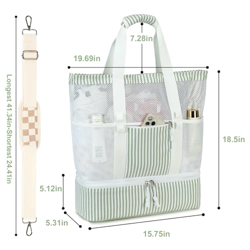 Bluboon Mesh Beach Tote Bag with Cooler Compartment Insulated Detachable Picnic Bag with Zipper and Pocket Pool Bag for Women - color: A-sage Green White Vertical Stripes