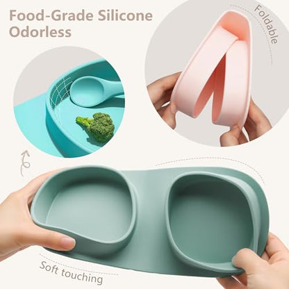 Silicone Foldable Novelty Dinner Plates, Baby Plates Travel Essential with Forks and Spoons, Microwave & Dishwasher Safe, Sage - color: Sage, style: No-Suction