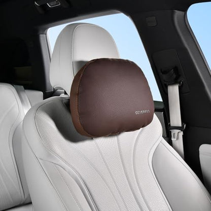 Coverado Leather Car Headrest Pillow Car Neck Pillow with Adjustable Strap, Head Support Rest Driver Relax Head Muscles Relieve Driving Fatigue, Breathable & Removable Cover, Coffee - color: Coffee, size: 1 Piece