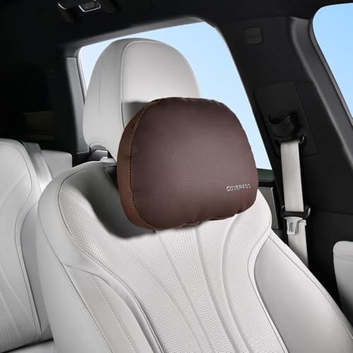 Coverado Leather Car Headrest Pillow Car Neck Pillow with Adjustable Strap, Head Support Rest Driver Relax Head Muscles Relieve Driving Fatigue, Breathable & Removable Cover, Coffee - color: Coffee, size: 1 Piece