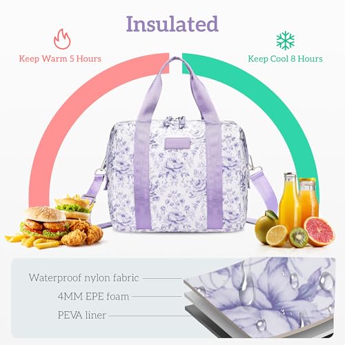 Lunch Box for Women Insulated Lunch Bag, Cute Lunch bags,Reusable Large Capacity Leakproof Lunchbox with Adjustable Shoulder Strap, Lunch tote for Work Office Picnic Travel (Purple Flower) - color: Purple Flower