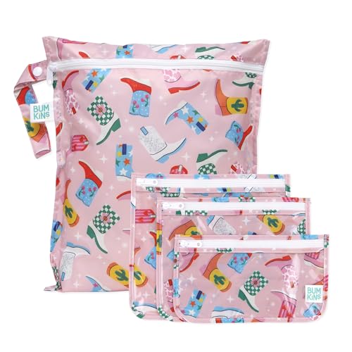Bumkins - Waterproof Wet Bag & Clear Travel Bags - For Beach, Baby, Travel, Swim Suit, Cloth Diapers, Pump Parts, Pool, Gym, Toiletries - Reusable & Easy to Clean - Cowgirl Boots - 4 Pack - color: B3 Cowgirl Boots