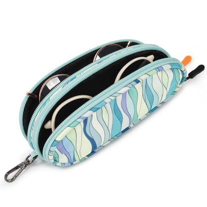 Double Eyeglasses Case Soft Portable Zipper Sunglasses Pouch with Keychain Clip for Men Women - color: Light Blue Wave