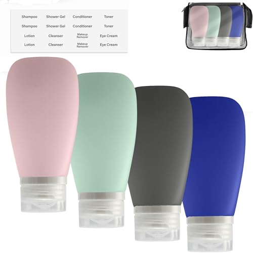 Travel Bottles for Toiletries, TSA Approved 3oz (90ml) Leak Proof Silicone Refillable Squeeze Travel Size Containers BPA Free for Cleansers, Lotions, Shampoo 4pk-With Bag (P,G,Blk,BL) - color: Pink-Green-Blue-Black