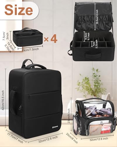 Relavel Makeup Bag Travel Train Case Makeup Backpack with 4 Clear Bags & Makeup Brush Case, Professional Makeup Artist Kit Set Bags, Cosmetics Storage Organizer Box with Adjustable Dividers, Black - color: Black with clear brush case