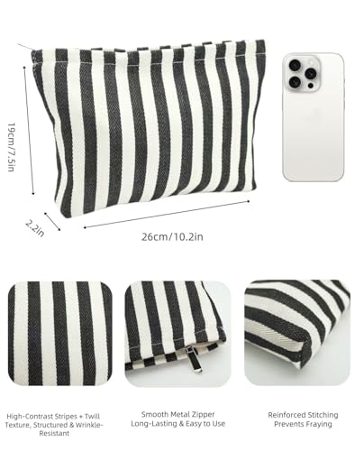 Large Black White Stripe Makeup Bag - Canvas Lined Cosmetic Toiletry Travel Pouch | Purse Organizer for Women & Girls - color: striped black