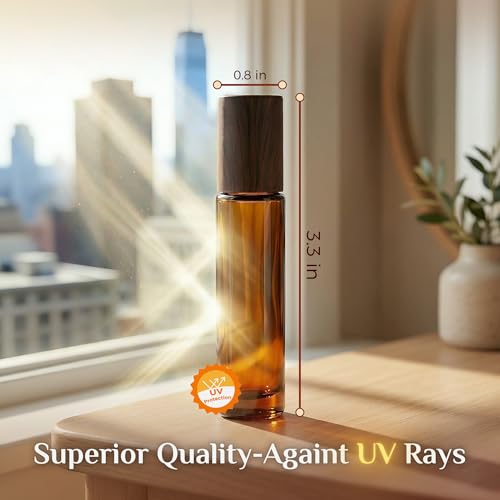 PrettyCare 24 Pack, 10 ml Essential Oil Roller Bottles with Stainless Steel Roller Ball - Refillable Leak-proof Empty Thick Amber Glass Roll on Bottles with Wooden Caps for Travel, Perfume - color: Amber with Wooden Cap, size: 24 Pack