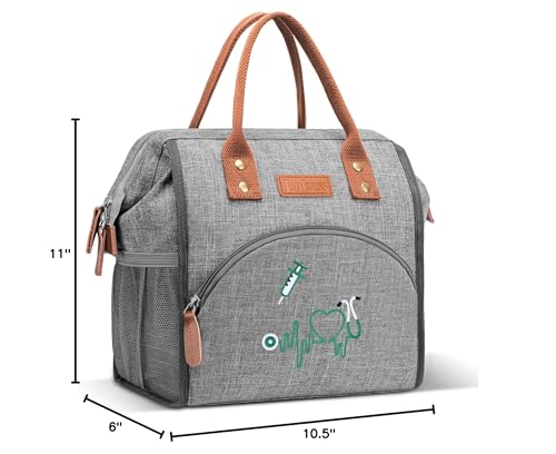 LOKASS Nurse Lunch Bag for Women, Embroidered Lunch Box with Special Nursing Design, Insulated Lunch Tote Ideal for Nurse Gifts, Neutral Grey - color: Gray - Medical ECG