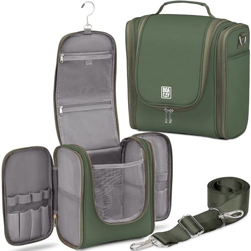 BOACAY Extra Large Hanging Travel Toiletry Bag for Women and Men, Makeup Bag, Bathroom & Shower Organizer Kit for Accessories, Cosmetics, Essentials - color: (X-Large) Olive Green - Gray Interior