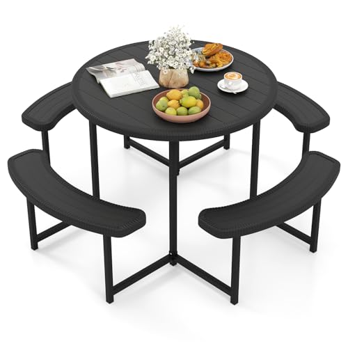 Tangkula 8 Person Picnic Table, HDPE Outdoor Round Table and Bench Set with 4 Built-in Benches, Umbrella Hole, Metal Frame for Garden Yard Patio Lawn - color: Black