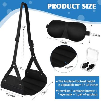 Yerliker Airplane Foot Hammock(Memory Foam) with Earplugs and Eye Mask Travel Necessities Adjustable Airplane Desk Foot Rest for Long Trip Pain and Swelling Relief(Black) - color: Black