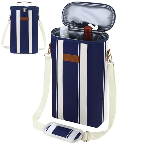 BLUBYEES 2-Bottle Insulated Wine Carrier Tote - Leakproof Padded 900D Oxford Wine Cooler Bag for Travel, Picnics, Beach & Parties - Ideal Wine Gift for Wine Lovers - color: Prussian Blue