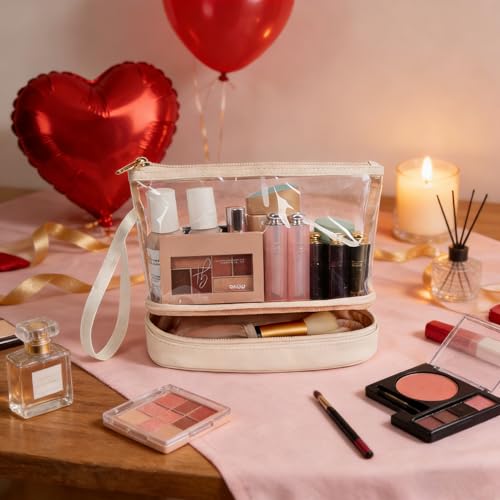 Ethereal Clear Makeup Bag, Cream Small Cosmetic Bag Travel Makeup Bag for Women TSA Approved Toiletry Bag Portable Makeup Pouch - color: 05-cream clear