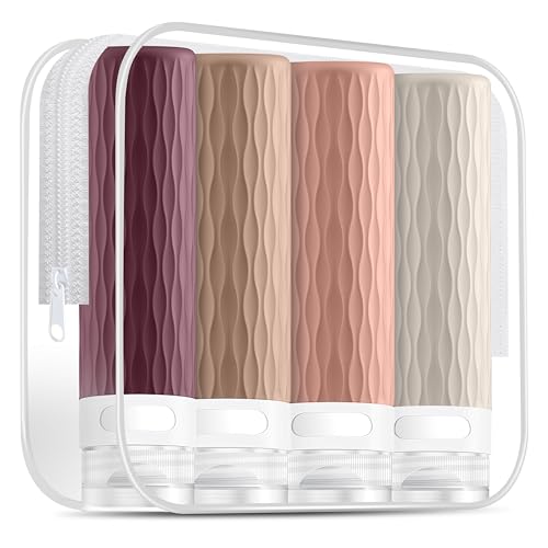 Travel Bottles for Toiletries, TSA Approved 3.4oz Travel Size Containers, BPA Free Leak Proof Silicone Traveling Bottles, Refillable Travel Essentials Kits for Shampoo Conditioner(4 Pack)-B - color: SmokeViolet,Nude,SandPink,Starlight
