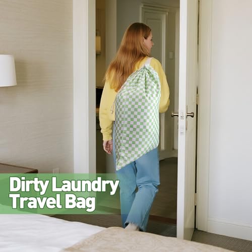 Laundry Bag, Dirty Backpack Laundry Bag For College Travel Laundromat Apartment, With Handles 29" X 18" (Green White Checkered) - color: Green White Checkered