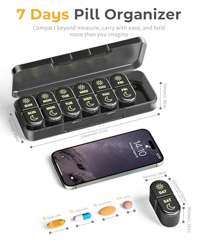 Pillex AM & PM Pill Organizer 7 Days, Weekly Pill Case 2 Times a Day, Pill Box 7 Day, Medicine Pill Organizer for Travel, Vitamins, Fish Oils, Supplements - color: Black