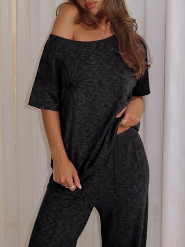 Tankaneo Women's 2 Piece Travel Outfits Casual Short Sleeve Knit Sweater Set Wide Leg Pants Lounge Sets Tracksuit - color: Black/Flower, size: Medium