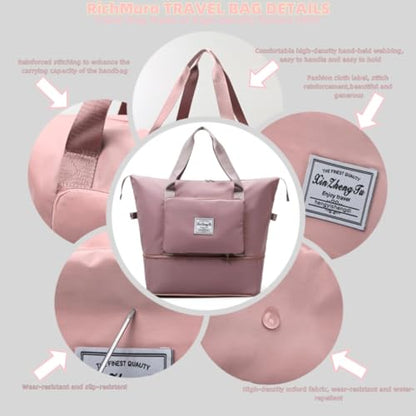 Large Capacity Foldable Travel Bag, Expandable lightweight Carry on Bag, Dry with Wet Separation Spor Duffel Bags (Pink) - color: Pink