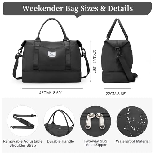 Travel Duffel Bag with Shoes Compartment, Overnight Weekender Bags for Women,Carry on Personal Item Bag - color: A-Black, size: Large