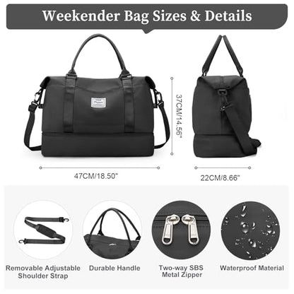 Travel Duffel Bag with Shoes Compartment, Overnight Weekender Bags for Women,Carry on Personal Item Bag - color: A-Black, size: Large