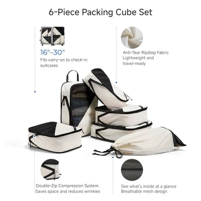 LUGGEX Compression Packing Cubes for Travel, 6 Set Lightweight Luggage Organizer Bags with Shoe Bag, Space Saving Suitcase Packing Cubes for Carry-On with Breathable Mesh, Double-Zipper (POX01, Beige) - size: 6 Set - 1 Xlarge & 2 Large Cubes