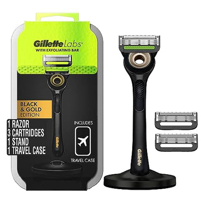 GilletteLabs with Exfoliating Bar by Gillette Mens Razor, 5 Bladed, Closeness and Comfort, Includes Travel Case and Stand, Handle + 3 Blade Refills - color: Gold, style: 1 Razor, 1 Travel Case, 3 Refills, 1 Stand