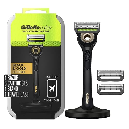 GilletteLabs with Exfoliating Bar by Gillette Mens Razor, 5 Bladed, Closeness and Comfort, Includes Travel Case and Stand, Handle + 3 Blade Refills - color: Gold, style: 1 Razor, 1 Travel Case, 3 Refills, 1 Stand