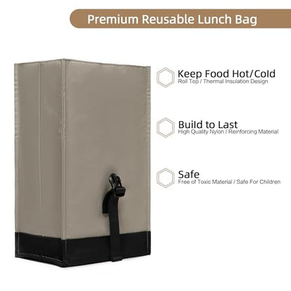 SUNNY BIRD Insulated Lunch Bag Rolltop Lunch Box Tote Bag for Women, Men, Adults and Teens (Grey and black) - color: Grey and black