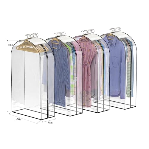 Upgraded Thickened Clear Garment Bags for Hanging Clothes 4 Packs, 10“ Gusseted and 40" Clothes Protectors for Hanging Clothes for Closet, Shirts, Coats, Dresses - color: Full Clear, size: 40 inch