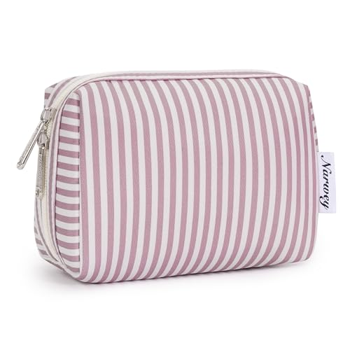 Narwey Small Striped Makeup Bag for Purse Mini Cosmetic Bag Travel Makeup Pouch Zipper Pouch Cute Make up Bags with Compartments for Women Girls (Dusty Rose Stripe, Small) - color: A-Dusty Rose Stripe, style: Small