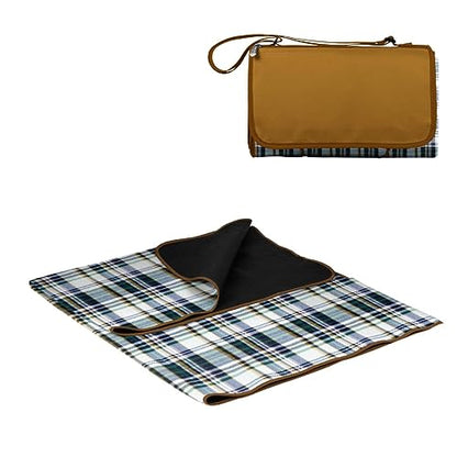 PICNIC TIME Outdoor Picnic Blanket Tote, 59"x51" Foldable Beach & Camping Blanket with Soft Fleece, Water-Resistant Bottom, Adjustable Strap & Zippered Pocket (English Plaid, Beige Flap) - color: English Plaid