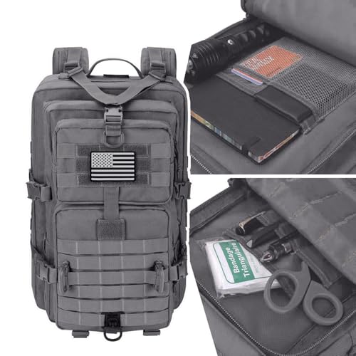 Hannibal Tactical MOLLE Assault Backpack, Tactical Backpack Military Army Camping Rucksack, 3-Day Pack Trip w/USA Flag Patch, D-Rings, Grey - color: Grey