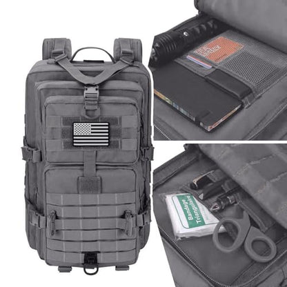 Hannibal Tactical MOLLE Assault Backpack, Tactical Backpack Military Army Camping Rucksack, 3-Day Pack Trip w/USA Flag Patch, D-Rings, Grey - color: Grey