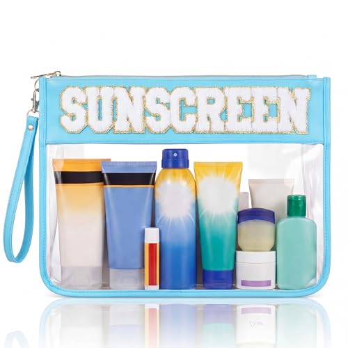 Sunscreen Bag Large Capacity Summer Clear Makeup Pouch PVC Waterproof Zipper Sunscreen Storage Pouch Portable Organizer for Gift Summer Travel Beach Essentials, 15.75 x 12.20 Inch - color: Blue