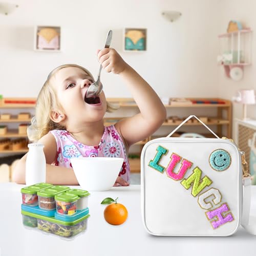 Insulated Lunch Bag With Adjustable Shoulder Strap, Nylon Preppy Lunch Box Large Insulated Lunch Bag Reusable Lunch Tote Bag with Smiley Preppy LunchBag for Girls School Travel Picnic (White) - color: White