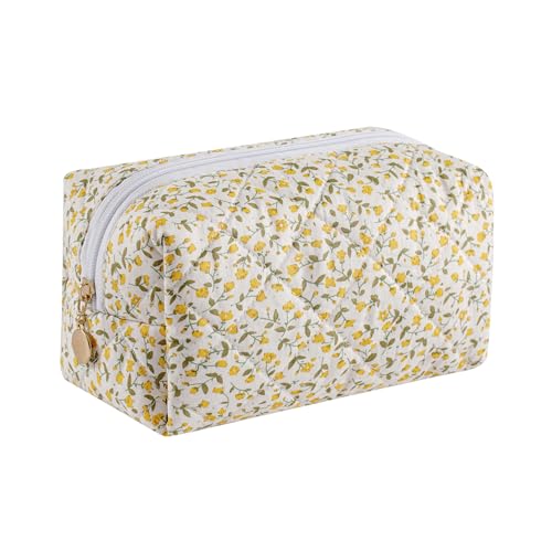 Gleyemor Small Quilted Makeup Bag for Women, Cute Floral Bow Cosmetic Bag, Emergency Bag Travel Toiletry Cotton Pouch Gifts for Girls Her Mom Friend Sister Bridesmaid (Yellow Small Flower) - color: Yellow Small Flower