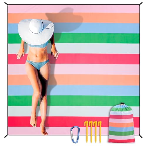 HIHOHO Beach Blanket Waterproof Sandproof Extra Large Beach Mat 79" X 83"/120"x108"for 1-8 Adults Quick Drying Durable Outdoor Picnic Mat for Beach Travel Camping Hiking - color: Colorful Stripes, size: 79" X 83"（1~3 person）