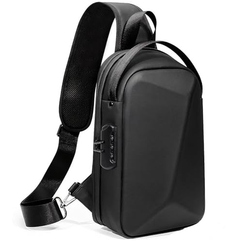 Anti-Theft Sling Crossbody Bag for Men Hard Shell Waterproof Chest Bag with USB Hole Combination Lock Shoulder Backpack for Travel Work Hiking Motorcycle - color: Black