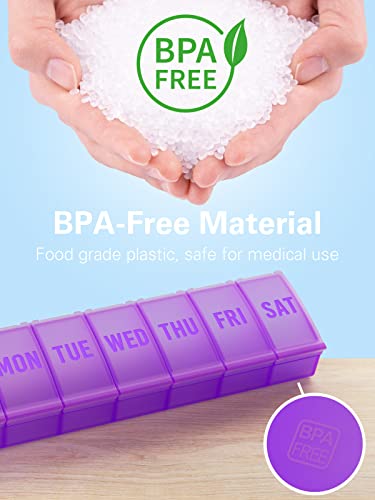 Large Pill Organizer Weekly, Barhon Vitamin Case Box Large Capacity Compartments, 7 Day Pill Containers for Medicine Supplements Fish Oil - color: Purple