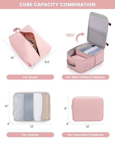 LOVEVOOK Large Travel Backpack for Women, TSA Carry on Backpack for Airplanes, 40L Personal Item Travel Bag for Women fits 17" Laptop,Waterproof Carry on Bag Airplane Approved with 3 Packing Cubes - color: Pink - Pale Grey - Dark Grey, size: 40L-4Pcs
