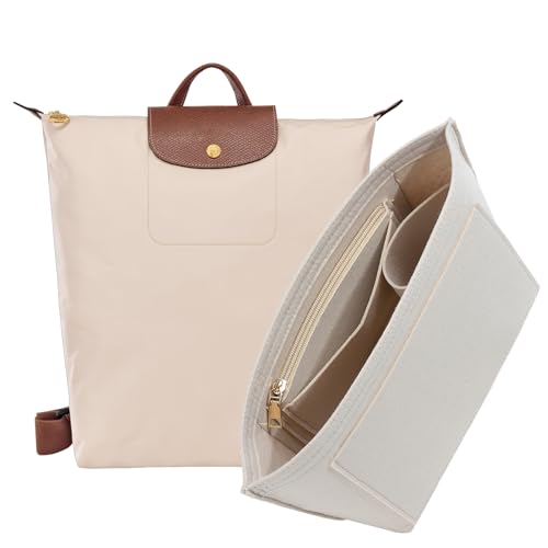 Purse Organizer Insert for Longchamp Le Pliage M Backpack, Felt Lightweight Long Champ Medium Backpack Divider Shaper with Cup Holder,Zipper Bags Inner Linner with 7 Deepened Pockets,M/Beige - color: Beige, size: M Backpack