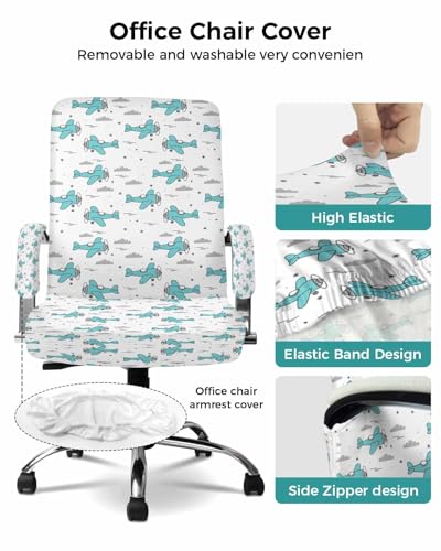 Turquoise Airplane Office Chair Covers with Armrest Covers, Rotating Chair Cover, Modern Abstract Art Cartoon Clouds Gaming Chairs Slipcovers with Elastic for Armchair, Medium - color: Grey, size: M with 2 Armrest Covers