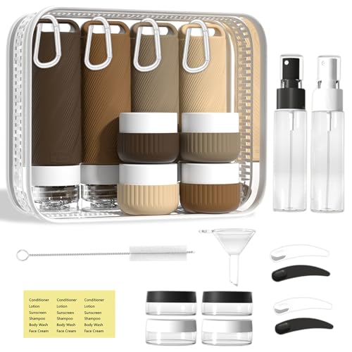 26 Pcs TSA Approved Travel Toiletry Bottles Set, Leakproof Silicone Refillable Travel Containers with Hanging Hole & Carabiner, Travel Essentials, for Shampoo Conditioner Lotion Body Wash - style: E