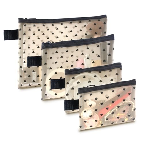 4-Piece Heart Printed Mesh Makeup Bag Set, Portable Travel Mesh Cosmetic Bags Toiletry Bags Makeup Purse Bags, Zipper Storage Pouches for Home Offices Travel Accessories (Beige) - color: Beige, size: 4PCS
