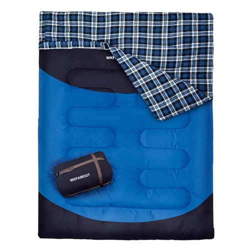 Double Sleeping Bag for Adults Machine Washable 2 Person Camping Sleeping Bag Queen Size Waterproof with Compression Sack for Cold Weather 3-4 Seasons - color: BLUE
