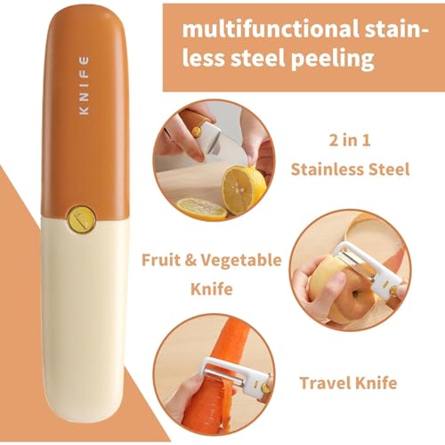2 in 1 Stainless Steel Fruit & Vegetable Knife, Dual-Use Portable Peeling Knife, Kitchen and travel Specific Fruit Tools (Orange)