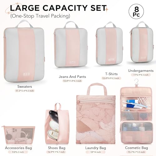 OlarHike 8 Set Compression Packing Cubes for Travel Gifts Mom Women,Airplane/Cruise/Car Travel Essentials,Compressible Expandable Saver Space Bags,Luggage Clothes Garment Bags for Travelers(Beige) - color: Beige