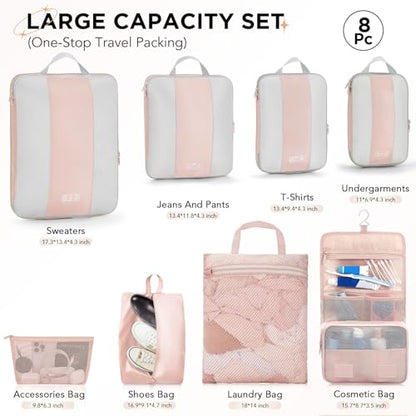 OlarHike 8 Set Compression Packing Cubes for Travel Gifts Mom Women,Airplane/Cruise/Car Travel Essentials,Compressible Expandable Saver Space Bags,Luggage Clothes Garment Bags for Travelers(Beige) - color: Beige