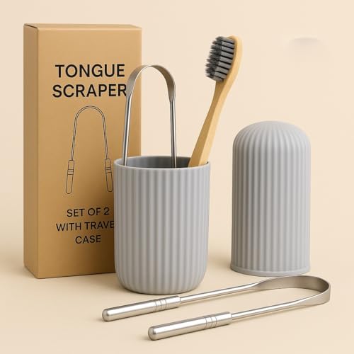 Tongue Scraper Set – Cleaner Kit with Bamboo Toothbrush with Charcoal Bristles & Travel Case – Daily Oral Hygiene Tool for Men & Women (Stainless Steel, 2 - Pack),Reduce Bad Breath, Tongue Scrubber - color: Stainless Steel